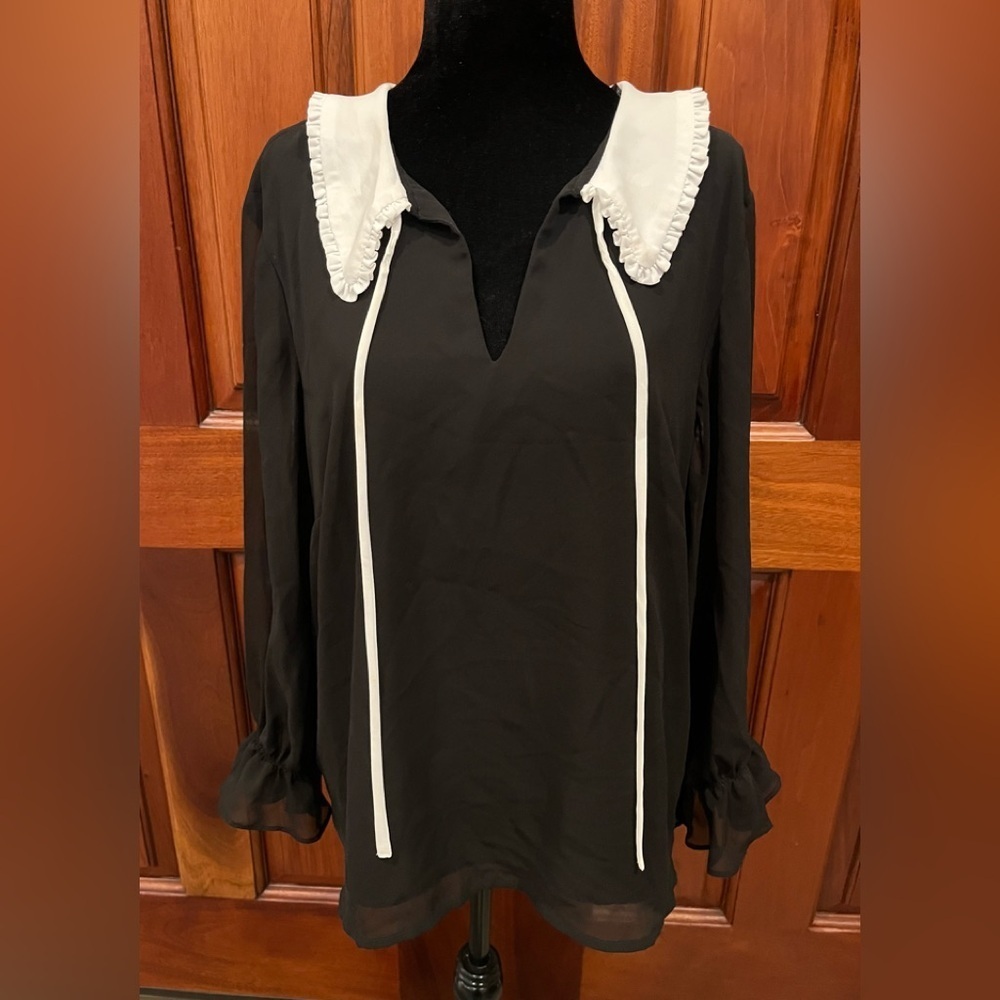 Cece Women's Black & White Peter Pan Collar Tie Front Blouse Sz XL Goth Academia